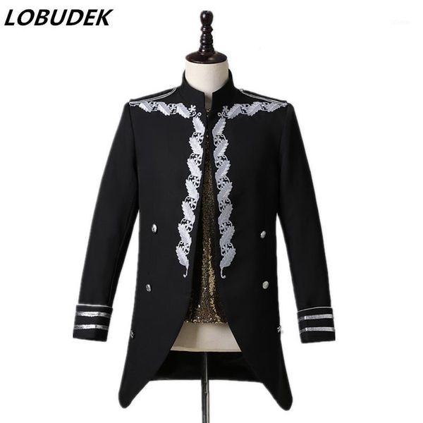 

men's suits & blazers vintage court dance costume male singer concert stage performance embroidery blazer casual slim fit long coat bar, White;black