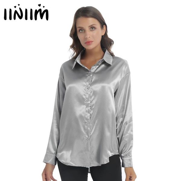 

women's blouses & shirts women solid color turn-down collar full long sleeve office ladies vintage chic button soft smooth satin blouse, White