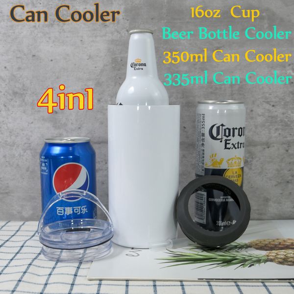 

16oz sublimation 4in1 can cooler with 2 lids and straw stainless steel cola bottles double wall coffee mug new arrival