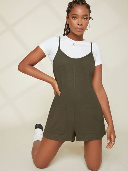 

solid patch pocket cami romper with tee j1za#, White
