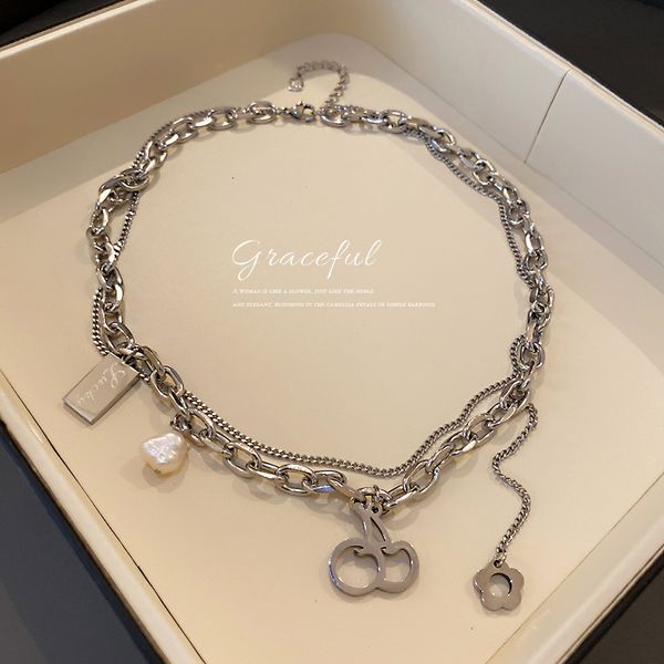 

chain women pendants titanium steel freshwater pearl cherry flower double layer necklace korean net red folding wind neck tassel long clavic, Silver