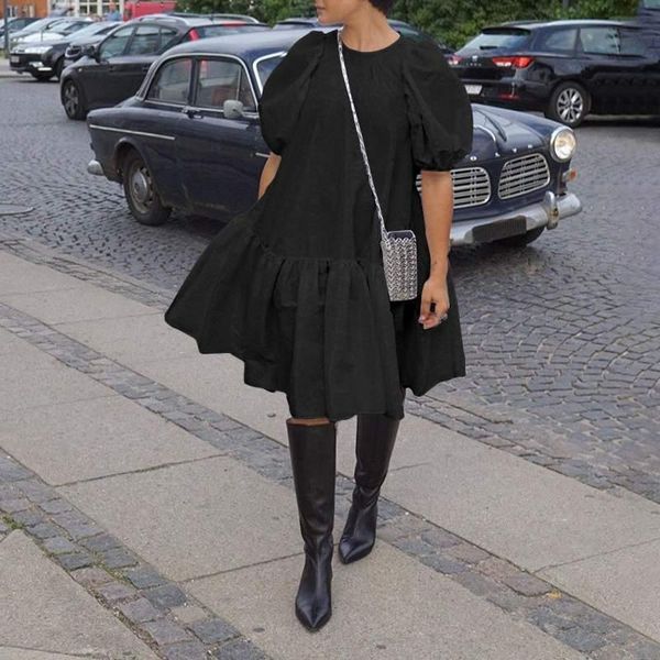 

party dresses 2021 vonda women dress casual o neck lantern sleeve solid plus size baggy hem loose sundress elegant vestidos, White;black