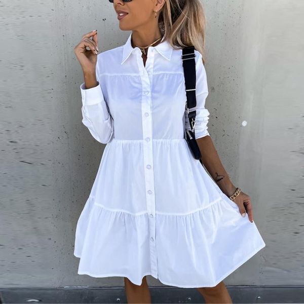 

casual dresses women white shirt mini ruffled dress autumn long sleeve a line loose 2021 office ladies single breasted vestidos, Black;gray