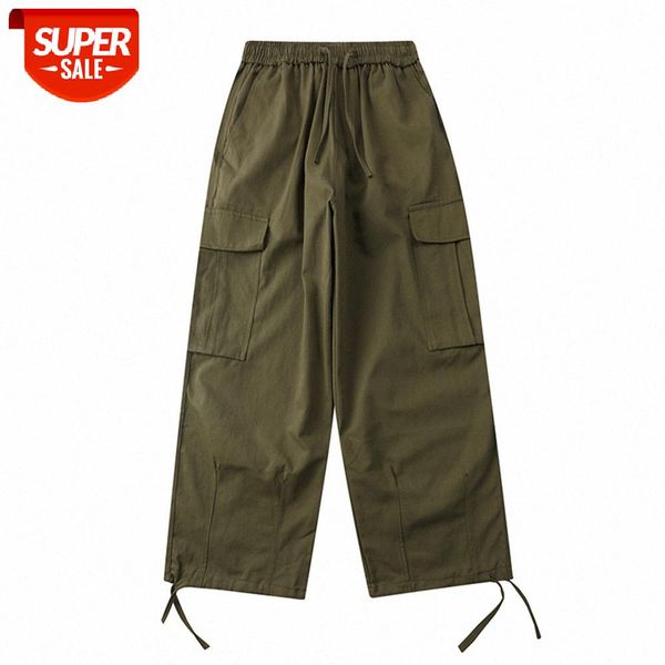 

ami khaki solid color multi-pocket overalls men's japanese loose straight-leg pants casual drawstring trousers #sn1z, Black