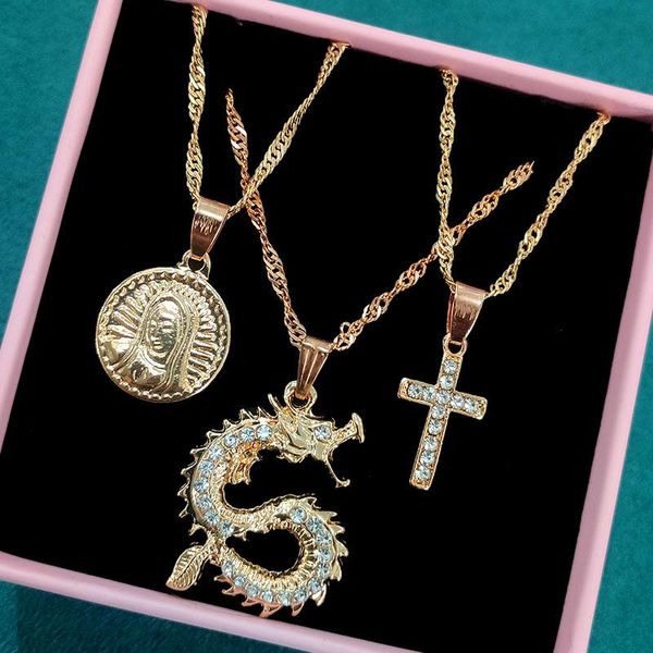 

chains trendy crystal dragon cross twisted chain pendant necklace for woman golded virgin mary multilayer metal jewelry gift, Silver