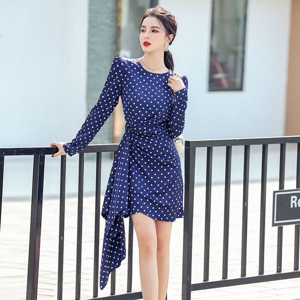 

new arrival fashion korean spring mini beach women ol temperament casual o-neck dot chiffon ruffle slim asymmetrical dress 3dxc, White;black