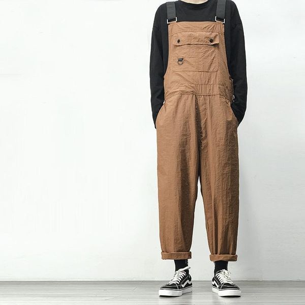 

men's pants men jumpsuits solid color loose streetwear fashion bib multi-pockets susperders 2021 casual cargo overalls, Black