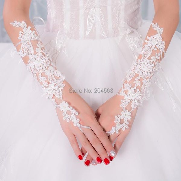 

bridal gloves stunning wedding party fingerless lace with beads, White