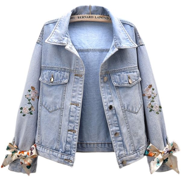 

women's jackets embroidery denim jacket women spring autumn fashion korean floral bow long sleeve short jeans coat loose clothes t, Black;brown