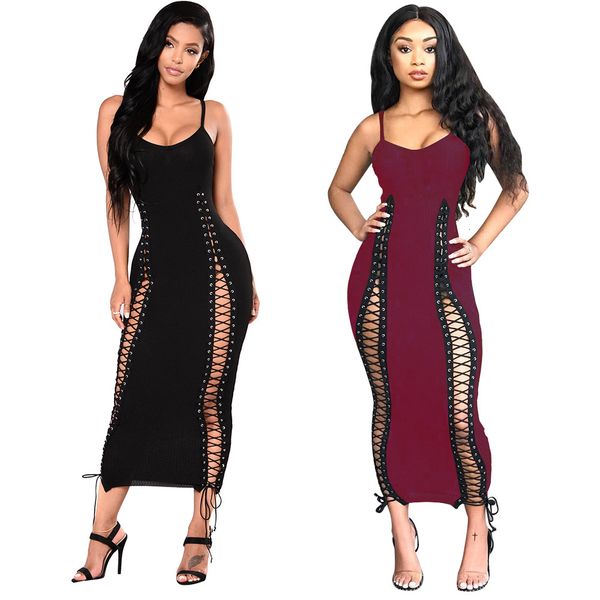 

2021 v-neck spaghetti strap hollow out slim women maxi autumn new european and american fashion clothes gfdw, Black;gray