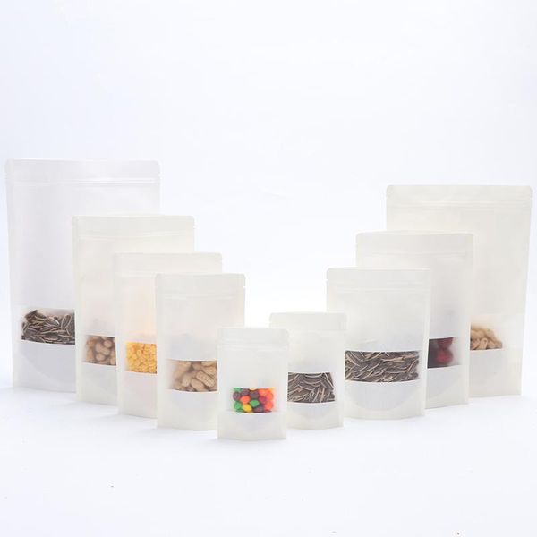 

storage bags 10pcs packing kraft paper window bag stand up gift dried food fruit tea packaging pouches zipper self sealing