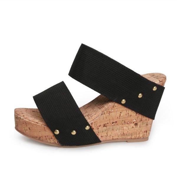 

sandals gzm woman's casual slope heel thick bottom solid color metal buckle non-slip light wear resistant slippers, Black