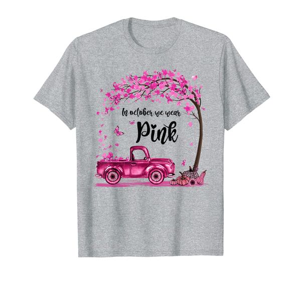 

october we wear pink fall pumpkin truck breast cancer t-shirt, White;black