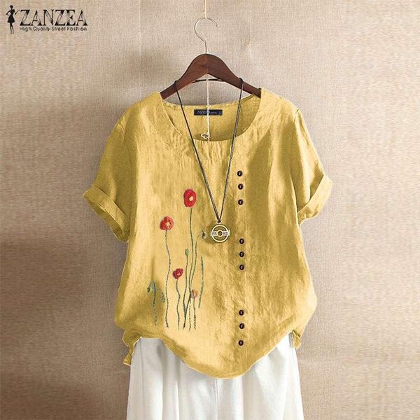 

women's blouses & shirts embroidery blouse zanzea 2021 fashion floral summer short sleeve blusas female casual o neck button tunic, White