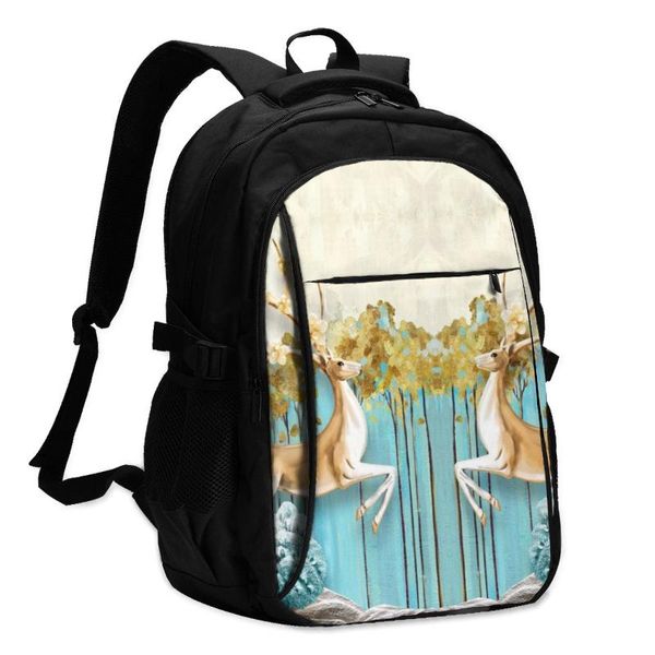 

backpack usb charge women fabulous trees with yellow leaves deerhorns letters school bag teenager girls