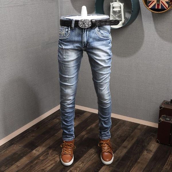 

men's jeans italian style fashion men elastic cotton slim fit ripped retro light blue vintage designer denim pencil pants