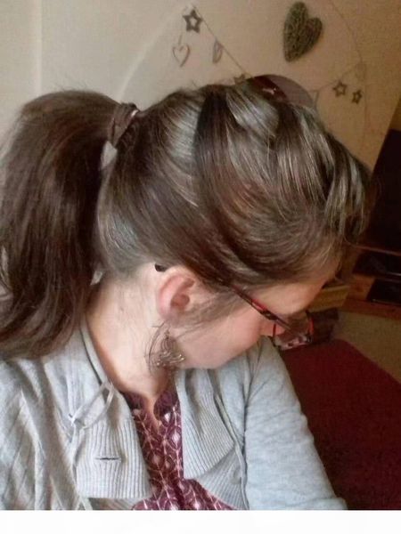 

fashion european women brown grey hair pony tail hairpiece wraps around salt and pepper natural highlights virgin human hair ponytail 100g, Black