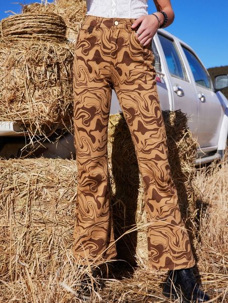 

romwe marble print flare leg jeans l3op#, Blue