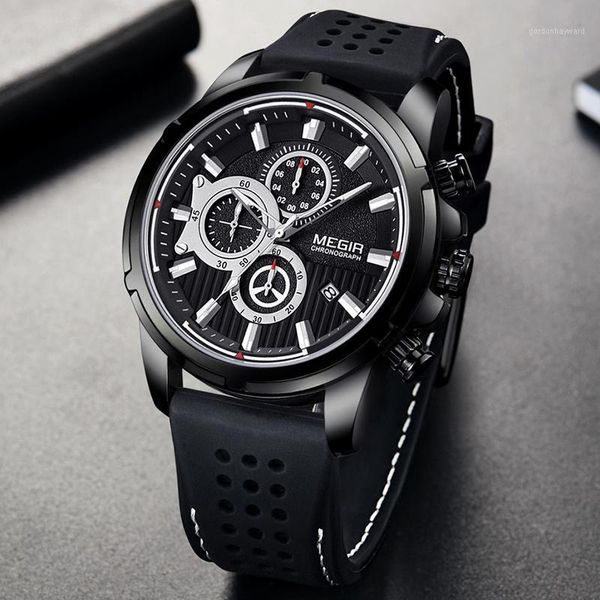 

wristwatches 2021megir sport chronograph silicone strap mens watches fashion quartz clock waterproof big dial watch men, Slivery;brown