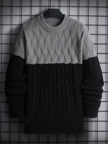 

men color block textured knit sweater 65ec#, White;black