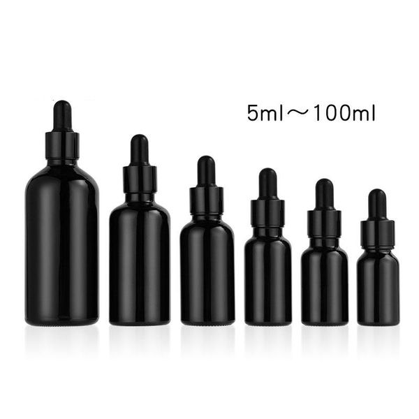 Botellas de almacenamiento Frascos 5 ~ 100 ml Botella cuentagotas de vidrio Envase de embalaje cosmético negro Viales de perfume Aceite esencial de suero recargable