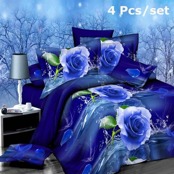 

4pcs 3d printing rose bedding set quilt cover pillowcases bed sheets set  size bedclothes blue dream