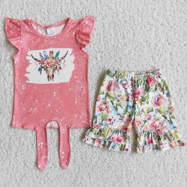 

wholesale children summer boutique outfit baby girls clothes pink short sleeve cow dye flower ruffle shorts kids sets, White