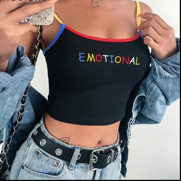

2021 summer women crop cropped ladies elastic camisole emotional letter embroidery tank drop shipping, White