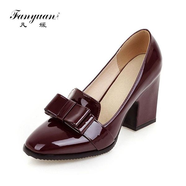 

dress shoes fanyuan brand design solid bowtie square high heels patent pu woman casual office spring autumn pumps big size 33-43, Black