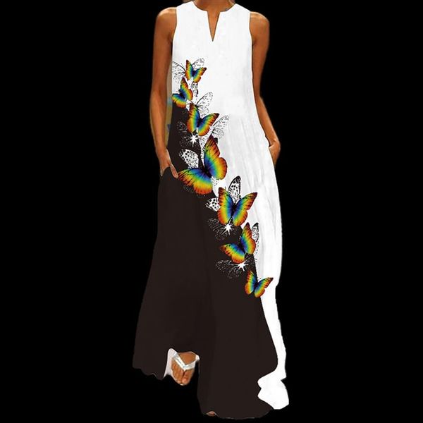 

summer cotton sleeveless long womens dresses printed v neck seaside style casual loose plus 5xl, Black;gray