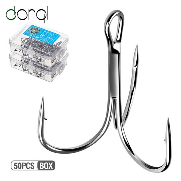 

fishing hooks donql 50pcs/ box triple carbon steel barbed fishhooks set treble sea tackle accessories for lures
