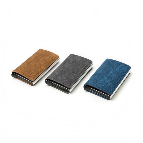 

card holders holder wallet men women metal vintage aluminium bag denim leather bank cardholder case 2021, Brown;gray