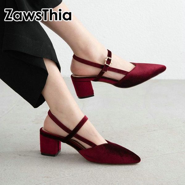 

zawsthia 2021 new velour velvet pointed toe woman party high heels shoes slingbacks women sandals chaussures femme size 43, Black