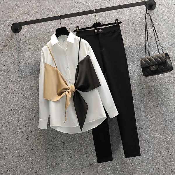 

women's two piece pants stylish solid shirts asymmetrical blouse 2021 large size casual lace up blusas female button lapel shirt oversi, White