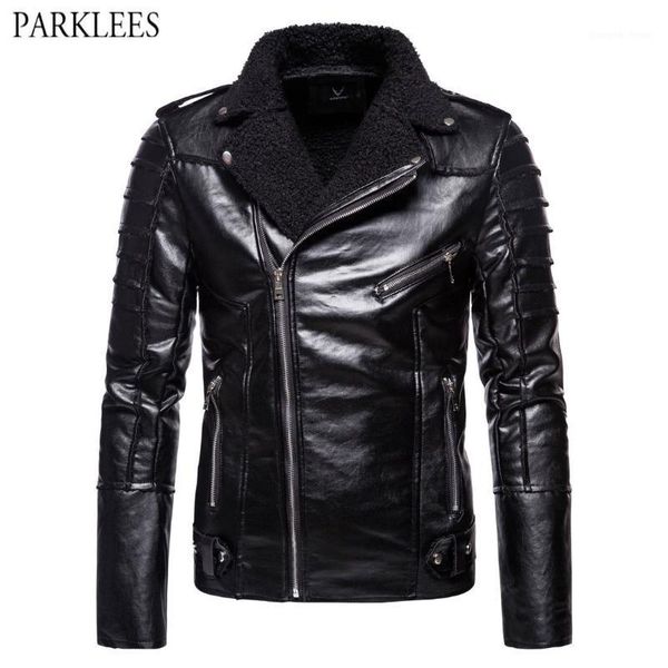 

men's fur & faux circle fleece motorcycle pu leahter jacket men brand mens collar thick moto jackets fold sleeve windbreaker veste cuir, Black