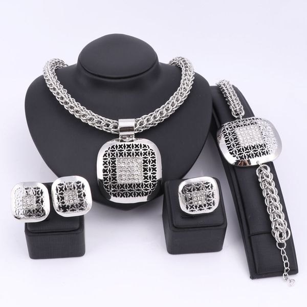 

jewelry sets fashion african beads set exquisite dubai silver plated square crystal nigerian wedding bridal bijoux, Black