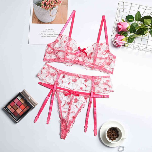 

nxy set dvicky lingerie set 3 pcs woman underwear floral embroidery mesh temptation see through lace bra and panty exotic costumes 1129, Red;black