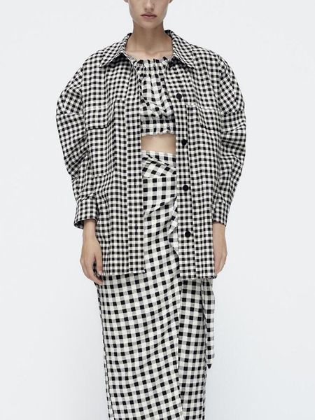 

women's jackets hwlzltzht women autumn plaid jacket overshirt long sleeve gingham check vintage fashion button up female loose outerwea, Black;brown