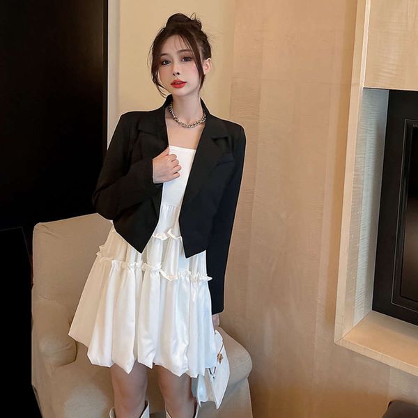 

net red set autumn pleated suspender black suit, White;black