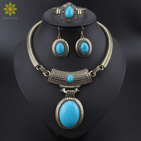 Frauen Blau CZ Harz Stein Oval Form Mode Schmuck Sets Vintage Halskette Ohrringe Armband Strass Sets H1022