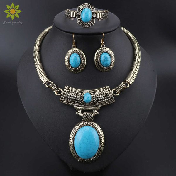 

women's blue cz resin stone oval shape fashion jewelry sets vintage necklace earrings bracelet rhinestone sets h1022, Silver