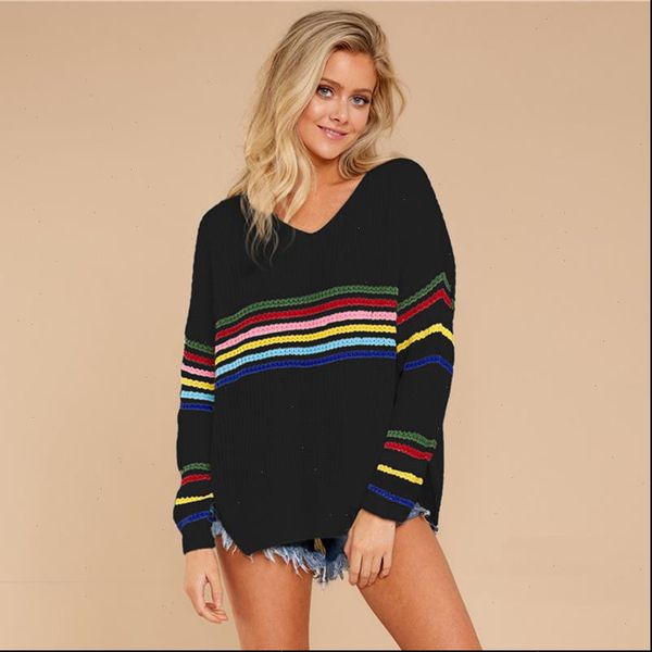 

women pullovers autumn winter women cashmer sweater fashion striped long sleeve v neck warm thickness loose top, White;black
