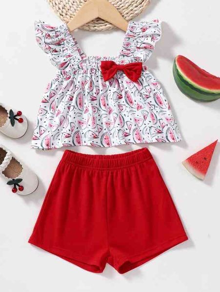 

baby watermelon print bow front ruffle trim tank & shorts she, White