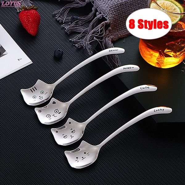 

spoons cat dessert spoon 304 stainless steel teaspoon for coffee ice cream laser engraving long handle flatware gifttableware