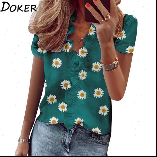 

2021 new design womens and blouses streetwear floral print v neck short sleeve women shirts plus size office blouse femme, White
