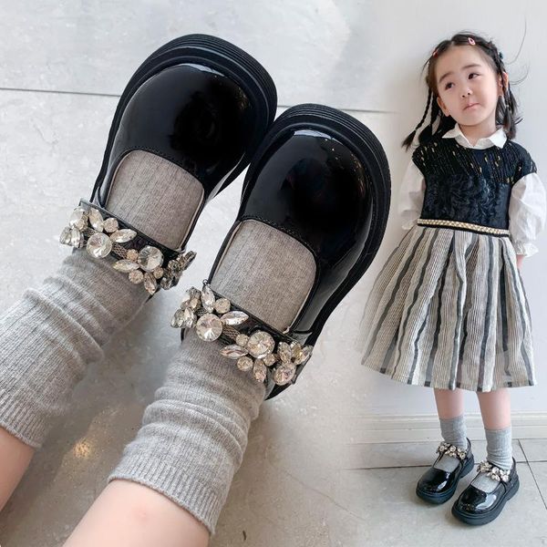 

flat shoes girls kids school leather for student black fashion rhinestone patent british style single children, Black;grey