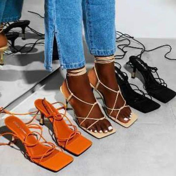 

leopard land summer banquet women's shoes cross lace-up high heels thin strap square toe solid color hollow women's sands cwf, Black