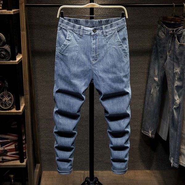 

jeans spring and summer thin fit small feet harlan korean leisure fashion brand long pants men's shoeswinter, Blue