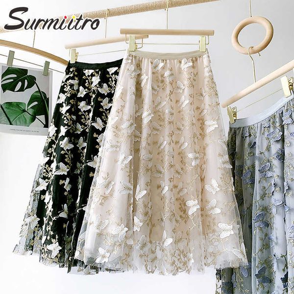

surmiitro summer midi long tulle skirt women korean style butterfly embroidery mesh high waist a line pleated skirt female 210712, Black