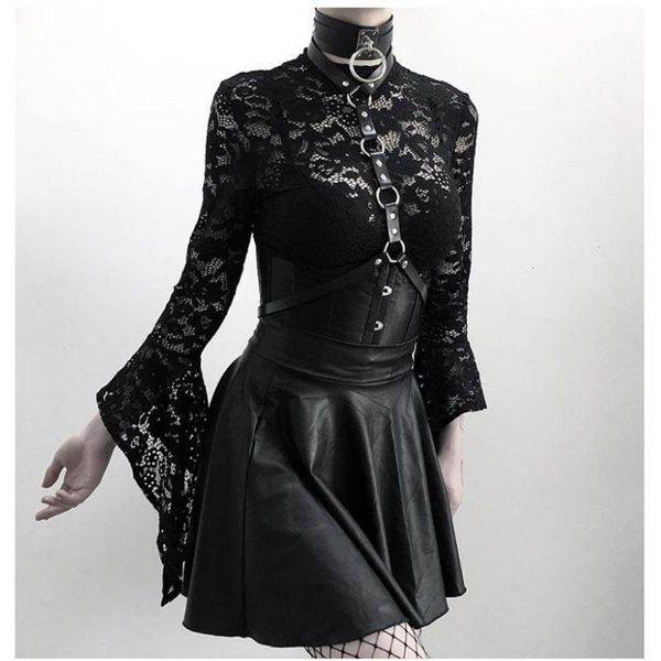 

women's jumpsuits & rompers lace gothic flare sleeve black bodysuit women skinny backless elegant ladies long bodysuits party clubwear, Black;white